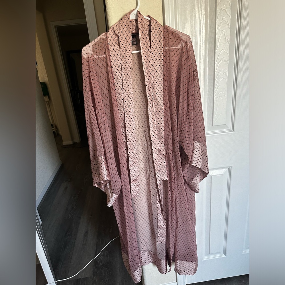 Sheer Pink Kimono with Black Grid Pattern